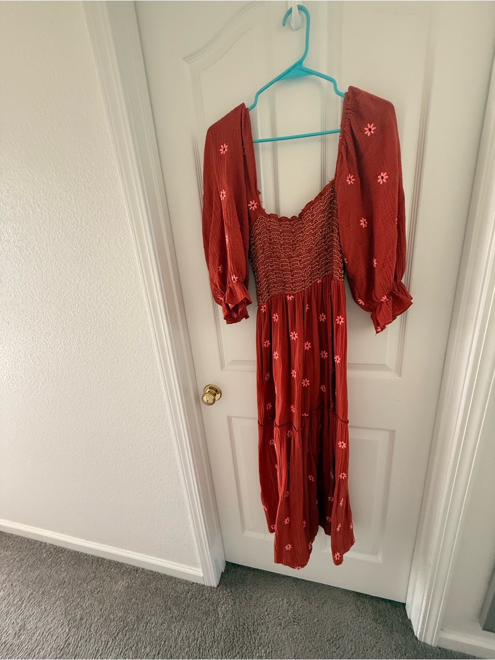 Free People Inspired Rust Floral Smocked Midi Dress - Women's